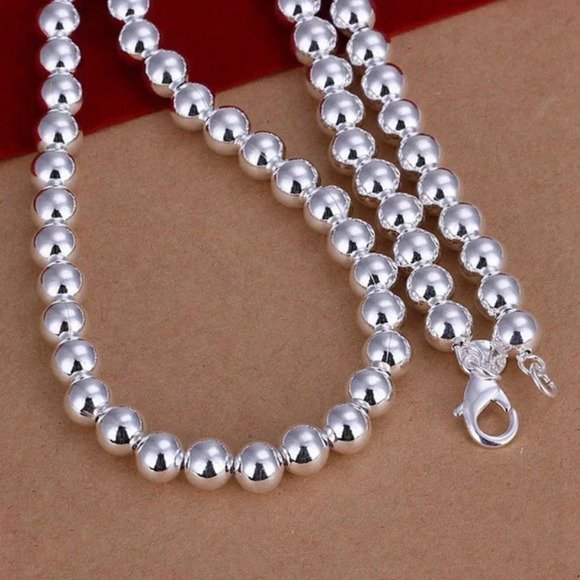 925 Sterling Silver Simple Bead Necklace 8 mm - Picture 2 of 3